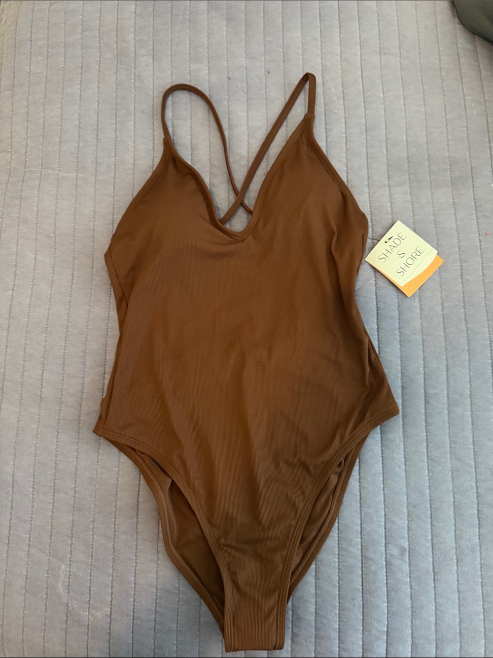 Shade & Shore Rust Brown V‑Neck Crisscross Back One-Piece Swimsuit